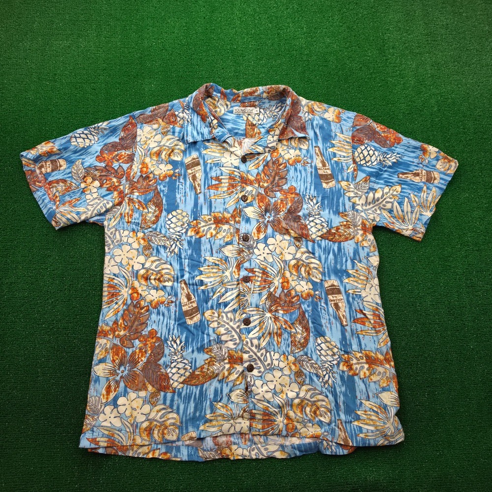 Young USA Shirt Mens XL Blue Rayon Hawaiian Volcano Ale Beer Pineapple Tropical